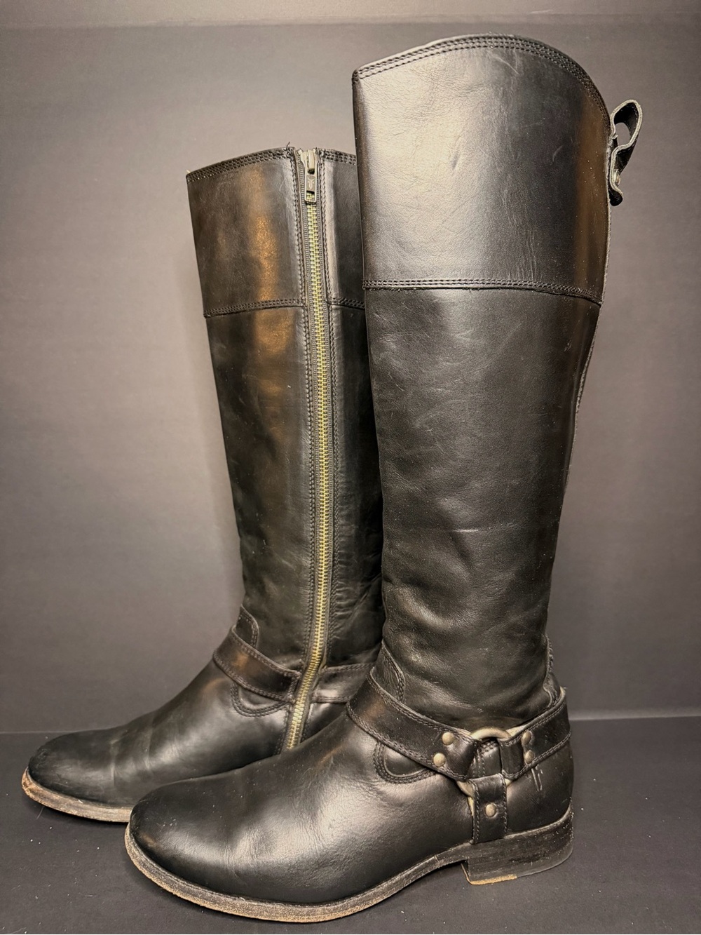 Frye Melissa Harness Tall Black Leather Riding Moto Boots Size 8 1/2 B 76927